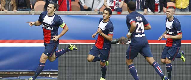 Paris Saint Germain's Zlatan Ibrahimovic, left, celebrates after scoring the second goal against Bastia, during the French League One soccer match between Paris Saint Germain and Bastia, at the Parc des Princes stadium, in Paris, Saturday, Oct. 19, 2013.(AP Photo/Remy de la Mauviniere)