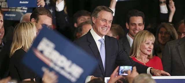 ATLANTA, GA - NOVEMBER 4: Republican U.S. Senate candidate David Perdue celebrates his win at the InterContinental Buckhead November 4, 2014 in Atlanta, Georgia. Perdue defeated Democratic challenger Michelle Nunn. (Photo by Jason Getz/Getty Images)