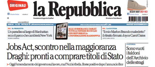 Le prime pagine di martedì 18 novembre 2014