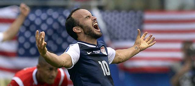 Landon Donovan of the US celebrates after the US defeated Panama 1-0 in the CONCACAF Gold Cup final on July 28, 2013 at Soldier Field in Chicago. AFP PHOTO / TIMOTHY CLARY (Photo credit should read TIMOTHY A. CLARY/AFP/Getty Images)