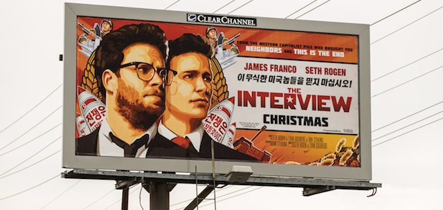 LOS ANGELES, CA - DECEMBER 19: A billboard for the film "The Interview" is displayed December 19, 2014 in Venice, California. Sony has canceled the release of the film after a hacking scandal that exposed sensitive internal Sony communications, and threatened to attack theaters showing the movie. (Photo by Christopher Polk/Getty Images)