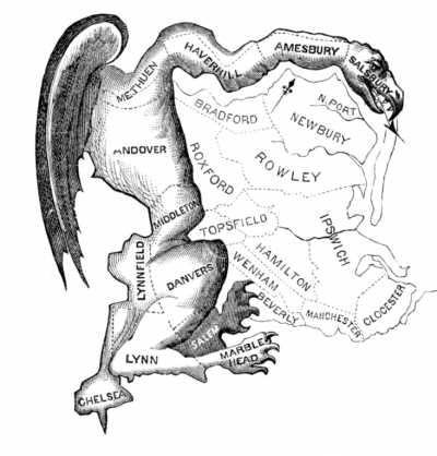 un distretto salamandra, da Wikipedia - https://en.wikipedia.org/wiki/File:The_Gerry-Mander_Edit.png