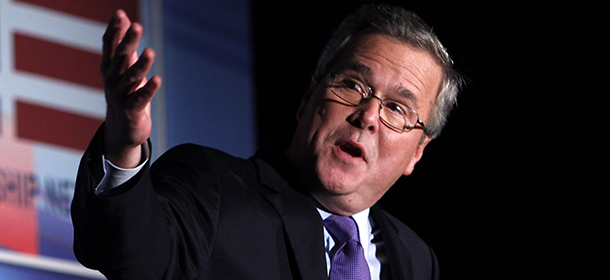 FILE - This Jan. 26, 2012 file photo shows former Florida Gov. Jeb Bush speaking in Miami. Bush is reiterating that he won't join Mitt Romney on the GOP presidential ticket. Bush says no one's asked him to submit personal documents to the team picking Romney's vice presidential nominee. He also says he's certain he won't be asked, either. Bush says he backs his “friend” and fellow Floridian, Sen. Marco Rubio. (AP Photo/Wilfredo Lee, File)