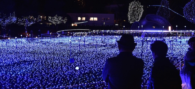 L'installazione Starlight Garden composta da 180 mila luci LED bianche e blu, a Tokyo. 
(YOSHIKAZU TSUNO/AFP/Getty Images)