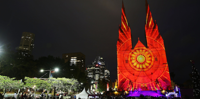 SYDNEY, AUSTRALIA - DECEMBER 19: St Mary's Cathedral is illuminated as part of a Christmas lights display in celebration of Christmas on December 19, 2014 in Sydney, Australia. (Photo by Brendon Thorne/Getty Images)