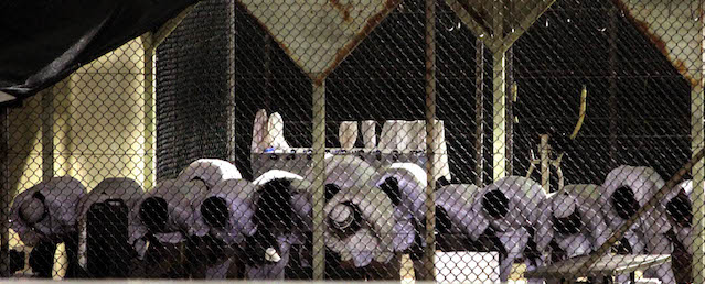 In this photo taken Thursday, May 14, 2009 and reviewed by the U.S. military, Guantanamo detainees pray before dawn near a fence of razor-wire inside the exercise yard at Camp 4 detention facility, at Guantanamo Bay U.S. Naval Base, Cuba. President Barack Obama says he is restarting U.S. military tribunals for the small number of terrorist suspects among all the detainees held at Guantanamo, though with several new legal protections for defendants. (AP Photo/Brennan Linsley)