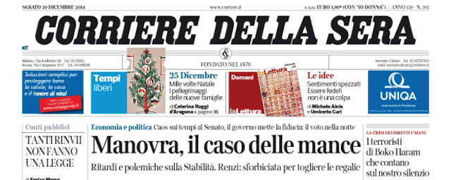 Le prime pagine di sabato 20 dicembre 2014