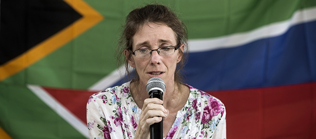 South African Yolande Korkie, a former hostage and wife of Pierre Korkie, holds a press conference in Johannesburg on January 16, 2014 to appeal for the release of her husband, still held in Yemen and whose deadline for ransom has been set for today. Kidnappers from Al-Qaeda in Yemen released Korkie, who was taken hostage in May along with her husband, on January 10 but her husband remains in captivity. AFP PHOTO/MARCO LONGARI (Photo credit should read MARCO LONGARI/AFP/Getty Images)