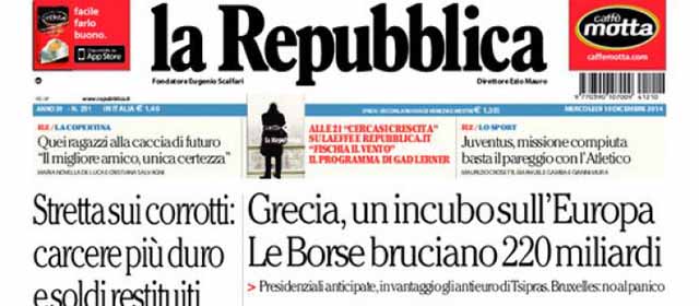 Le prime pagine di mercoledì 10 dicembre 2014