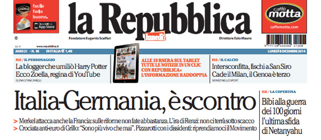 Le prime pagine di lunedì 8 dicembre 2014