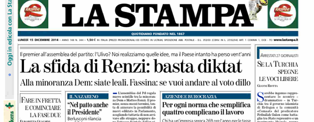 Le prime pagine di lunedì 15 dicembre 2014