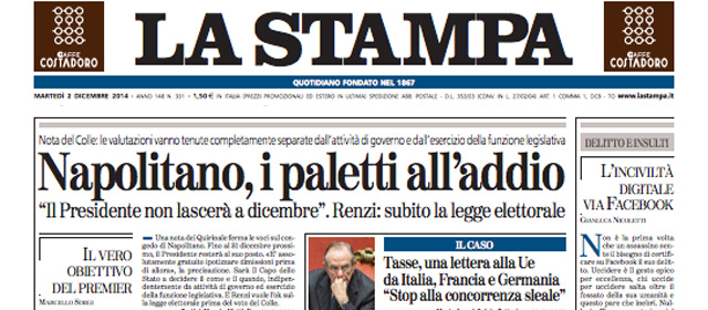 Le prime pagine di martedì 2 dicembre 2014