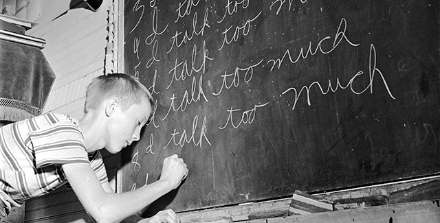 circa 1960: A time honoured punishment for an over vocal student in a one room grade school in Leslie County, rural Kentucky. (Photo by Three Lions/Getty Images)
