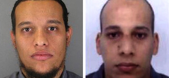UNSPECIFIED - JANUARY 08: Pictured in this composite of handout photos provided by the Direction centrale de la Police judiciaire on January 8, 2015 are suspect Said Kouachi, aged 34, (L) and suspect Cherif Kouachi, aged 32, who are both wanted in connection with an attack at the satirical weekly Charlie Hebdo. Twelve people were killed yesterday including two police officers as two gunmen opened fire at the offices of the French satirical publication on January 7, 2015. On January 8 French police published photos of two brothers wanted as suspects over the massacre at the magazine. (Photo by Direction centrale de la Police judiciaire via Getty Images)
