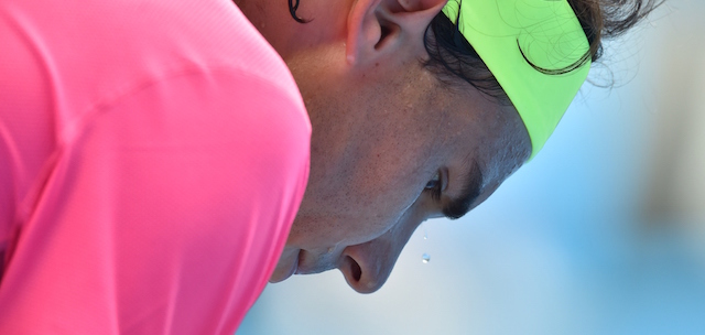 Spain's Rafael Nadal looks on during his men's singles match against Czech Republic's Tomas Berdych on day nine of the 2015 Australian Open tennis tournament in Melbourne on January 27, 2015. AFP PHOTO / PAUL CROCK-- IMAGE RESTRICTED TO EDITORIAL USE - STRICTLY NO COMMERCIAL USE (Photo credit should read PAUL CROCK/AFP/Getty Images)