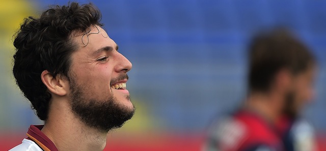 AS Roma's forward Mattia Destro celebrates a goal during the Italian Serie A football match between Cagliari vs AS Roma on April 6, 2014 at the Stadio Sant'Elia Stadium in Cagliari. AFP PHOTO / GABRIEL BOUYS (Photo credit should read GABRIEL BOUYS/AFP/Getty Images)