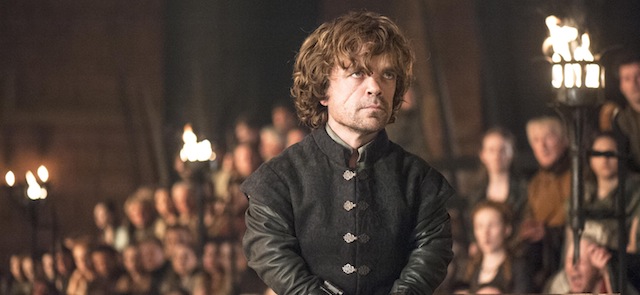 This photo provided by HBO shows Peter Dinklage as Tyrion Lannister on trial in a scene from season 4 of "Game of Thrones." The cable channel said Thursday, Jan. 8, 2015, that 10 episodes of “Game of Thrones” will show during its fifth season that begins April 12. (AP Photo/HBO, Helen Sloan)