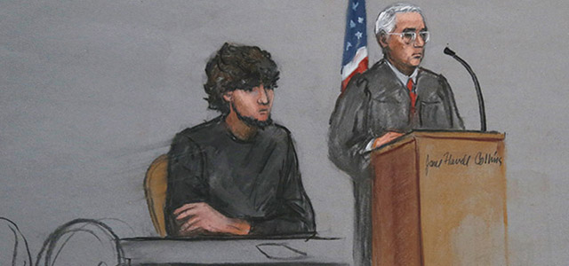 FILE - In this Monday, Jan. 5, 2015 file courtroom sketch, Boston Marathon bombing suspect Dzhokhar Tsarnaev, left, is depicted beside U.S. District Judge George O'Toole Jr., right, as O'Toole addresses a pool of potential jurors in a jury assembly room at the federal courthouse, in Boston. Two highly anticipated criminal trials are underway almost simultaneously in Massachusetts: the federal death penalty trial of Boston Marathon bombing suspect Dzhokhar Tsarnaev and the murder trial of former New England Patriots star Aaron Hernandez. (AP Photo/Jane Flavell Collins, File)