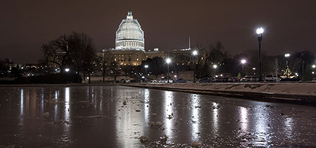 Sub-freezing temperatures continue on Capitol Hill in Washington early Friday morning, Jan. 9, 2015. With the end of the first week of the GOP controlled 114th Congress, House Republicans are on track to easily pass legislation to authorize the construction of the Keystone XL oil pipeline, moving the GOP-led Congress closer to a clash with President Barack Obama. (AP Photo/J. Scott Applewhite)