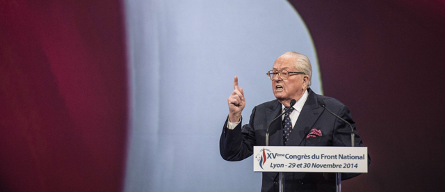France's former far-right Front National (FN) party's leader Jean-Marie Le Pen gestures as he delivers a speech, on November 29, 2014 in Lyon, during the 15th congress of the party. AFP PHOTO / JEFF PACHOUD (Photo credit should read JEFF PACHOUD/AFP/Getty Images)