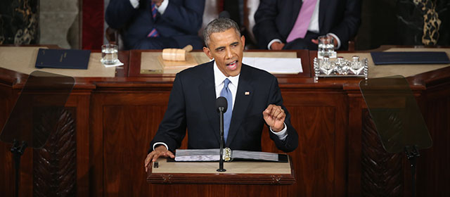 WASHINGTON, DC - JANUARY 20: U.S. President Barack Obama delivers the State of the Union speech before members of Congress in the House chamber of the U.S. CapitolJanuary 20, 2015 in Washington, DC. Obama was expected to lay out a broad agenda to address income inequality, making it easier for Americans to afford college education, and child care. Also pictured are Vice President Joe Biden (L) and Speaker of the House John Boehner (R) (R-OH). (Photo by Mark Wilson/Getty Images)