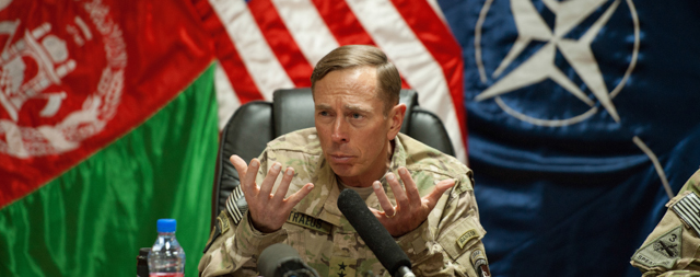 KABUL, AFGHANISTAN - JULY 9: U.S. General David Petraeus conducts a question and answer session with the media traveling with US Secretary of Defense Leon Panetta inside Camp Eggers July 9, 2011 in Kabul, Afghanistan. During a surprise visit to Afghanistan and his first as Defense Secretary, Panetta declared that the United States is "within reach" of "strategically defeating" Al Qaeda as a terrorist threat. (Photo by Paul J. Richards-Pool/Getty Images)