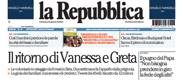 Le prime pagine di venerdì 16 gennaio 2015