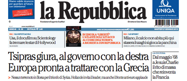 Le prime pagine di martedì 27 gennaio 2015