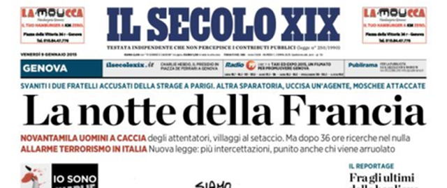 Le prime pagine di venerdì 9 gennaio 2015
