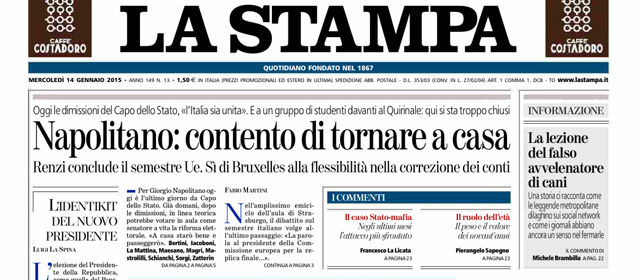 Le prime pagine di mercoledì 14 gennaio 2015