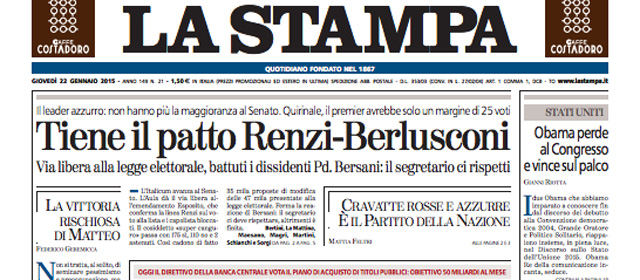 Le prime pagine di giovedì 22 gennaio 2015