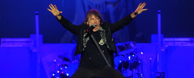 Iron Maiden's vocalist, Bruce Dickinson, performs during a concert in Santiago,October 10,2013. AFP PHOTO/FRANCESCO DEGASPERI IMAGE STRICTLY RESTRICTED TO EDITORIAL USE - STRICTLY NO COMMERCIAL USE (Photo credit should read FRANCESCO DEGASPERI/AFP/Getty Images)