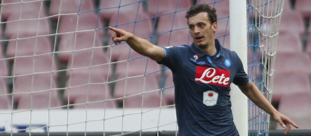 Napoli's Italian forward Manolo Gabbiadini celebrates after scoring during the Italian Serie A football match SSC Napoli vs Udinese Calcio on February 8, 2015 at the San Paolo stadium in Naples. AFP PHOTO / CARLO HERMANN (Photo credit should read CARLO HERMANN/AFP/Getty Images)