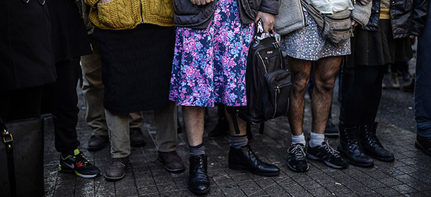 Turkish men wearing skirts demonstrate in Istanbul, to support women's rights in memory of 20-year-old Ozgecan Aslan, who was murdered after she resisted an alleged attempted rape in the southern city of Mersin, on February 21, 2015. AFP PHOTO/BULENT KILIC (Photo credit should read BULENT KILIC/AFP/Getty Images)