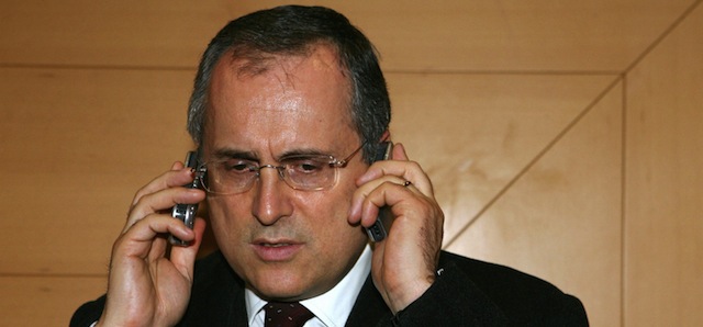 Rome, ITALY: CORRECTION NAME -SS Lazio club president Claudio Lotito, speaks on their mobile phones after a meeting with soccer league officials, 08 February 2006. The interior ministry said that only six of Italy's 31 football venues were considered safe against hooliganism and could host matches before the public as the rules came into effect following the death of police officer Filippo Raciti on Friday in Catania. AFP PHOTO/ANDREAS SOLARO (Photo credit should read ANDREAS SOLARO/AFP/Getty Images)