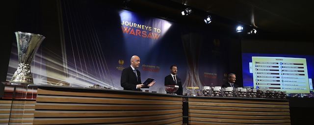 UEFA General Secretary Gianni Infantino (L) and the ambassador for the UEFA Europa League final in Warsaw Jerzy Dudek attend the draw for the UEFA Europa League round of 32 on December 15, 2014 at the UEFA headquarters in Nyon. AFP PHOTO / FABRICE COFFRINI (Photo credit should read FABRICE COFFRINI/AFP/Getty Images)