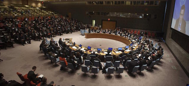 The United Nations Security Council is pictured during a meeting about the situation in Libya in the Manhattan borough of New York February 18, 2015. Libya and Egypt asked the United Nations Security Council on Wednesday to lift an arms embargo on Libya, impose a naval blockade on areas not under government control and help build the country's army to tackle Islamic State and other militants. REUTERS/Carlo Allegri (UNITED STATES - Tags: POLITICS CIVIL UNREST CONFLICT)