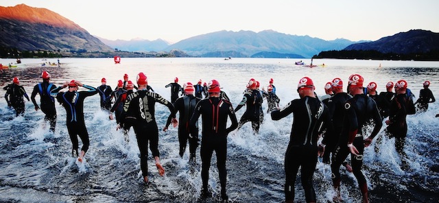 WANAKA, NEW ZEALAND - FEBRUARY 22: Competitors start the swim leg of Challenge Wanaka on February 22, 2015 in Wanaka, New Zealand. (Photo by Hannah Peters/Getty Images)