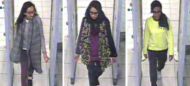 CORRECTING DATE TO MONDAY FEB. 23 - This is three image combo of stills taken from CCTV issued by the Metropolitan Police in London on Monday Feb. 23, 2015, Kadiza Sultana, 16, left, Shamima Begum,15, centre and and 15-year-old Amira Abase going through security at Gatwick airport, before they caught their flight to Turkey on Tuesday Feb 17, 2015. The three teenage girls left the country in a suspected bid to travel to Syria to join the Islamic State extremist group.(AP Photo/Metropolitan Police) NO ARCHIVE