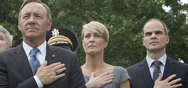 Netflix HOUSE OF CARDS Robin Wright as Claire Underwood with Kevin Spacey left