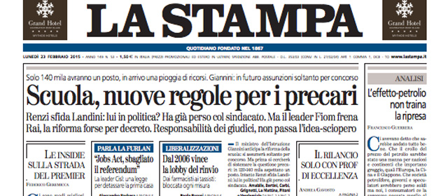 Le prime pagine di lunedì 23 febbraio 2015