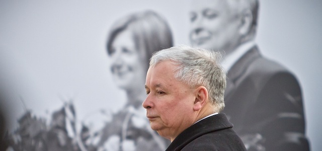 Jaroslaw Kaczynski, the twin brother of the late President, stands during a wreath laying ceremony in front of the presidential palace in Warsaw April 10, 2011, to commemorate the first anniversary of a plane crash in Smolensk that killed 96 people. Russia stoked Sunday the flames of a new diplomatic flare-up with Poland by expressing "bewilderment" at Polish anger over its decision to replace a plaque marking the death of the country's president.The original version of the commemorative sign noted that Lech Kaczynski and 95 other crash victims had been travelling to the Russian town of Katyn to mark the 70th anniversary of the murder of 22,000 Polish officers by Soviet secret police. AFP PHOTO WOJTEK RADWANSKI (Photo credit should read WOJTEK RADWANSKI/AFP/Getty Images)