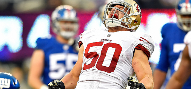 EAST RUTHERFORD, NJ - NOVEMBER 16: Chris Borland #50 of the San Francisco 49ers celebrates after a tackle against the New York Giants in the fourth quarter at MetLife Stadium on November 16, 2014 in East Rutherford, New Jersey. (Photo by Al Bello/Getty Images)