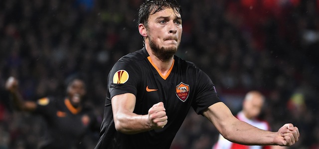 Roma's Serbian forward Adem Ljajic celebrates after scoring during the UEFA Europa League round of 32 match Feyenoord vs AS Roma in Rotterdam on February 26, 2015.AFP PHOTO / JOHN THYS (Photo credit should read JOHN THYS/AFP/Getty Images)