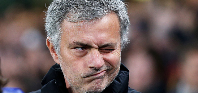 LONDON, ENGLAND - MARCH 11: Jose Mourinho the manager of Chelsea winks prior to kickoff during the UEFA Champions League Round of 16, second leg match between Chelsea and Paris Saint-Germain at Stamford Bridge on March 11, 2015 in London, England. (Photo by Paul Gilham/Getty Images)