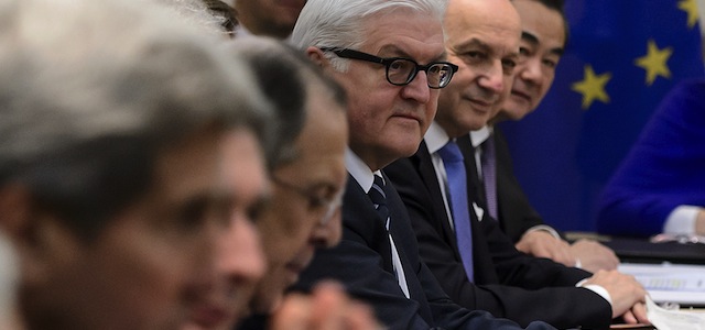 (L to R) US Secretary of State John Kerry, Russian Foreign Minister Sergei Lavrov, German Foreign Minister Frank-Walter Steinmeier, French Foreign Minister Laurent Fabius and Chinese Foreign Minister Wang Yi wait for the opening of a plenary session on Iran nuclear talks at the Beau Rivage Palace Hotel in Lausanne, Switzerland, on March 30, 2015. The top diplomats of Iran and the United States, China, Russia, Britain, France and Germany aim by the end of March 31 to agree the outlines of a deal curtailing Iran's nuclear programme. AFP PHOTO / FABRICE COFFRINI (Photo credit should read FABRICE COFFRINI/AFP/Getty Images)