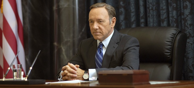 This image released by Netflix shows Kevin Spacey as Francis Underwood in a scene from "House of Cards." Spacey was nominated for a Golden Globe for best actor in a drama series for his role on the show on Thursday, Dec. 11, 2014. The 72nd annual Golden Globe awards will air on NBC on Sunday, Jan. 11. (AP Photo/Netflix, Nathaniel E. Bell)