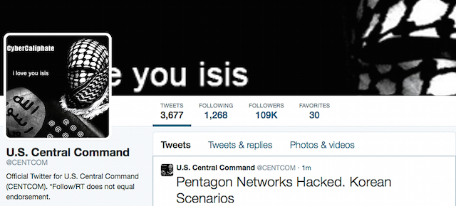 This screen grab made Monday, Jan. 12, 2015 show the front page of the U.S. Central Command twitter account after is was hacked. The twitter site of the military's U.S. Central Command was taken over Monday by hackers claiming to be working on behalf of the Islamic State militants. American and coalition fighters are launching airstrikes against IS in Iraq and Syria. The site was filled with threats that said "American soldiers, we are coming, watch your back." Other postings appeared to list names and phone numbers of military personnel as well as PowerPoint slides and maps. (AP Photo)