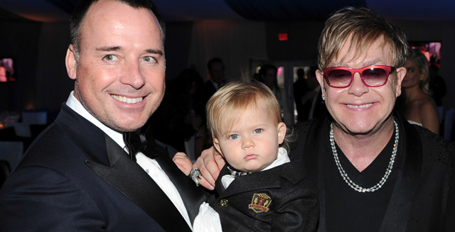 BEVERLY HILLS, CA - FEBRUARY 26: David Furnish, son Zachary and Sir Elton John attend the 20th Annual Elton John AIDS Foundation Academy Awards Viewing Party at The City of West Hollywood Park on February 26, 2012 in Beverly Hills, California. (Photo by Larry Busacca/Getty Images for EJAF)