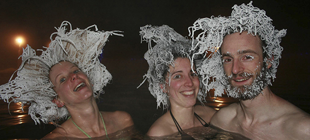 REFILE - CORRECTING NATIONALITIES

Bathers (L-R) Fanny Caritte, Milena Georgeault and Maxime Goyou Beauchamps of France show off their frozen hair while bathing in a 40 degree Celsius (104 Fahrenheit) pool in air temperatures of -30 C (-22 F) at Takhini Hot Springs in Whitehorse, Yukon in this handout photo taken February 9, 2015. The hot springs announced on March 2 that the group had won the hot springs' 2015 International Hair Freezing Contest. Picture taken February 9, 2015. REUTERS/Fanny Caritte/Handout via Reuters (CANADA - Tags: SOCIETY TPX IMAGES OF THE DAY ENVIRONMENT) ATTENTION EDITORS - FOR EDITORIAL USE ONLY. NOT FOR SALE FOR MARKETING OR ADVERTISING CAMPAIGNS. THIS PICTURE WAS PROVIDED BY A THIRD PARTY. REUTERS IS UNABLE TO INDEPENDENTLY VERIFY THE AUTHENTICITY, CONTENT, LOCATION OR DATE OF THIS IMAGE. THIS PICTURE IS DISTRIBUTED EXACTLY AS RECEIVED BY REUTERS, AS A SERVICE TO CLIENTS
